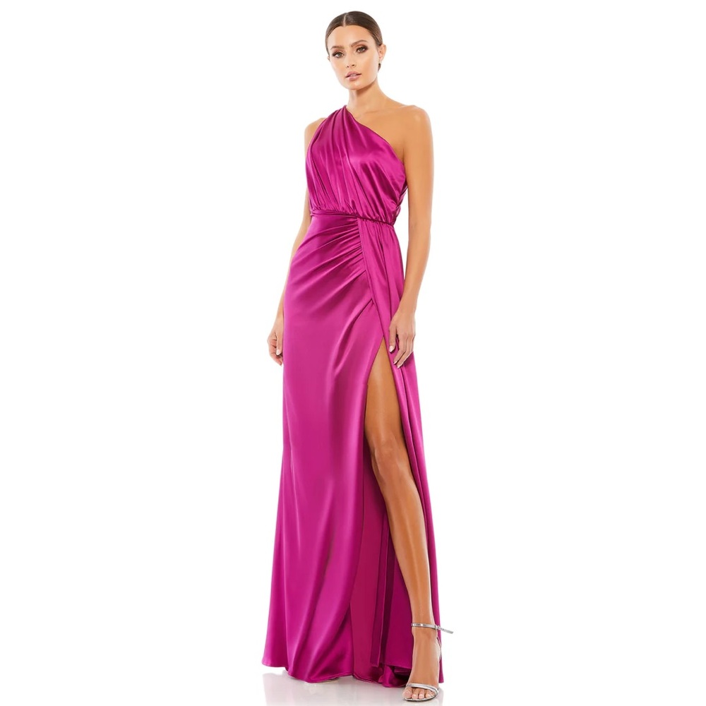 Leena for Mac Duggal Gathered One Shoulder Satin Faux Wrap Gown Size 4
